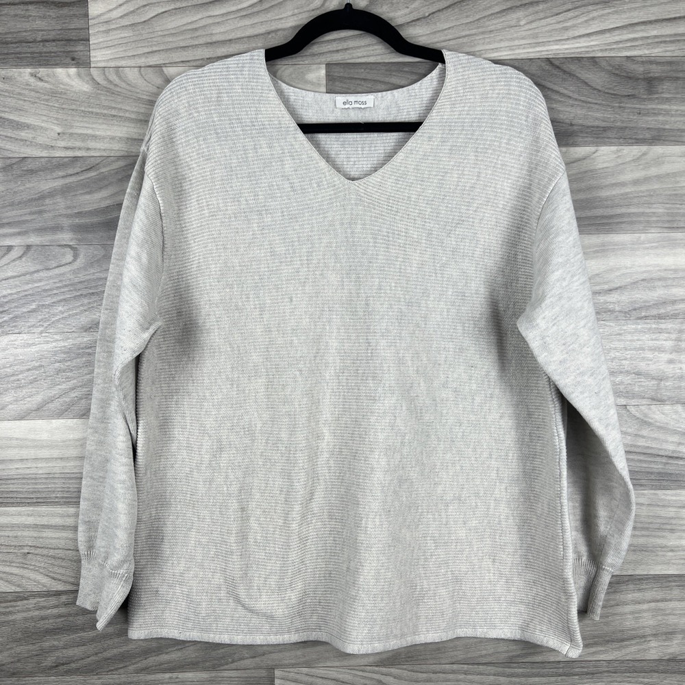 Ella Moss Women's Cream Beige Ribbed V-Neck Casual Sweater Size Large